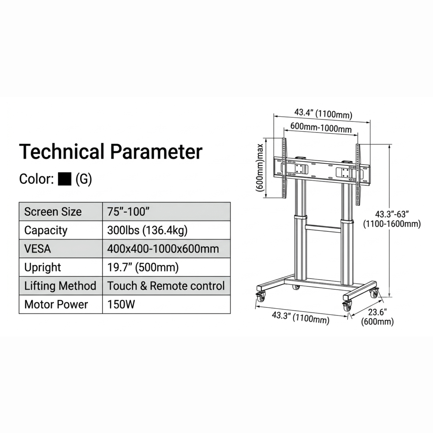 NB North Bayou T70 75"-100" Motorized Height Adjustable Large Display Mobile TV Bracket Trolley