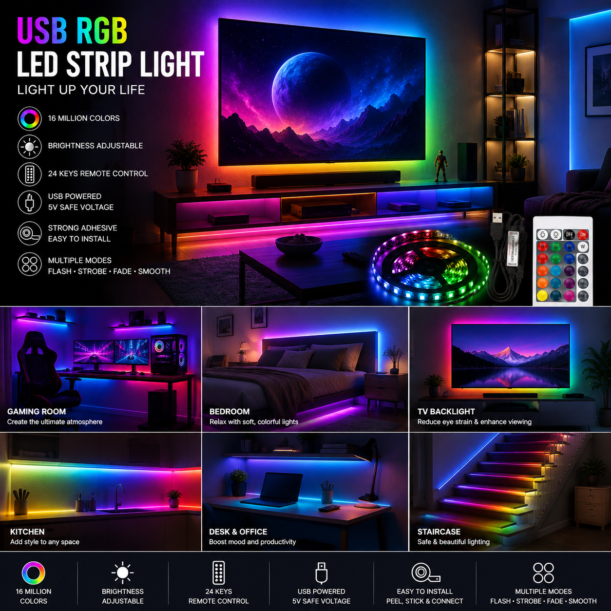 USB RGB LED Strip Light 3M with 24-Key Remote Control