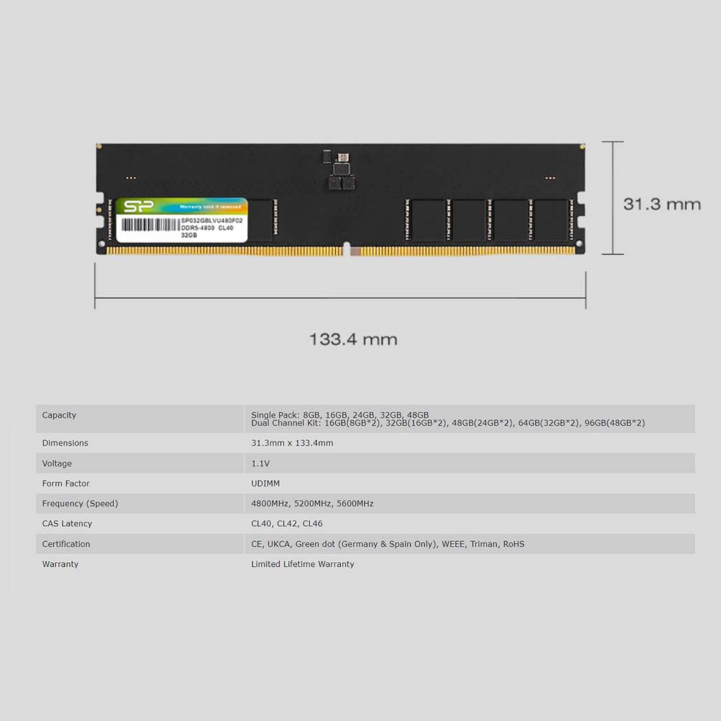 ذاكرة سيليكون باور DDR5 4800 ميجاهرتز 16 جيجابايت 1.1 فولت غير مخزنة مؤقتًا لأجهزة سطح المكتب