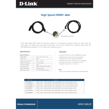 كابل D-Link HCB-4AABLBR-3 HDMI 2.0 بموصل بزاوية 90 درجة - 3 أمتار