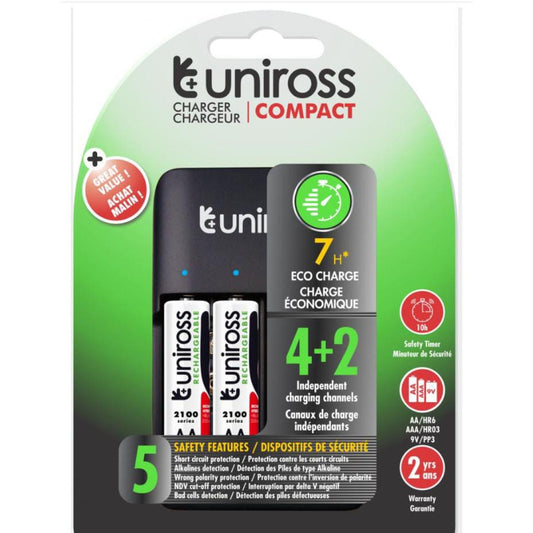 شاحن بطاريات Uniross مزود بأربع وحدات بطارية AA بسعة 300 مللي أمبير