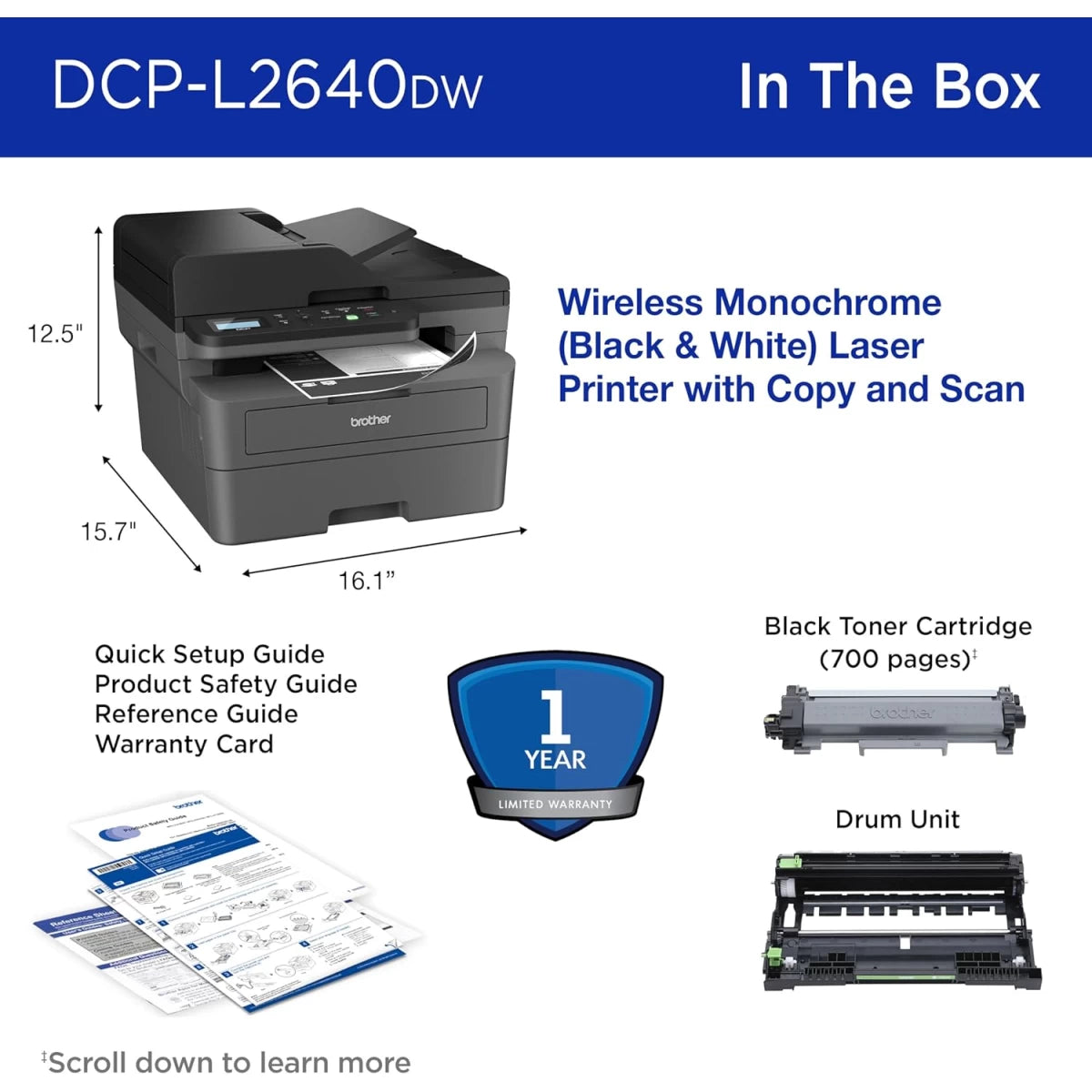 Brother DCP-L2640DW Wireless Mono Laser Multifunction 3- In-One Printer w/ 50-Page Auto Document Feeder - Black