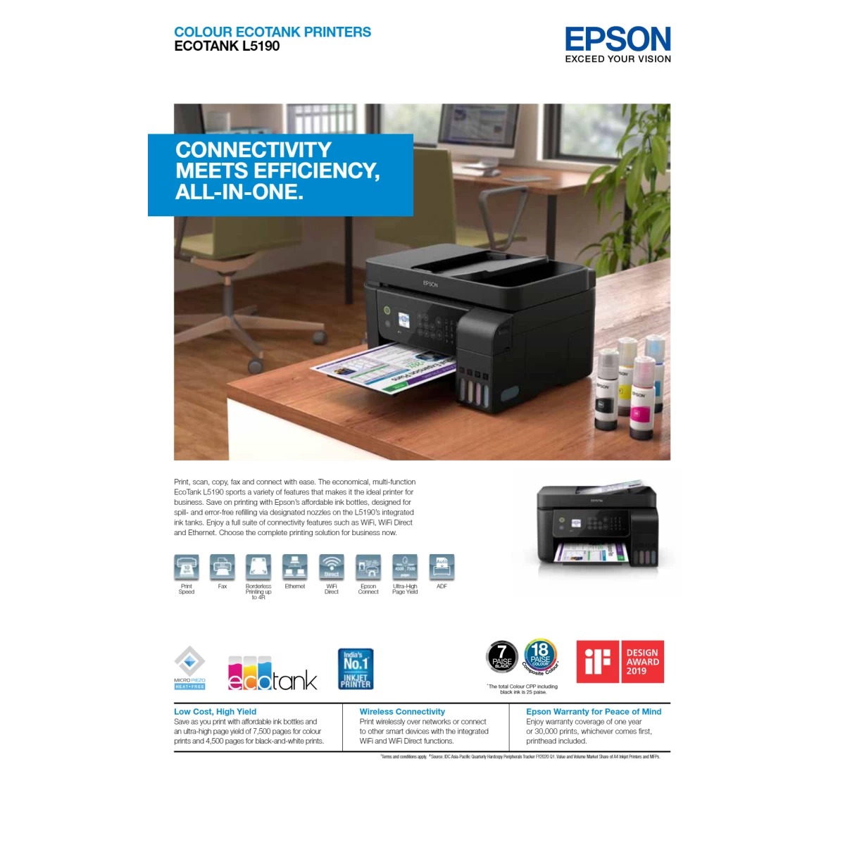 Epson Ecotank L5190 3-In-1 Office Ink Tank Printer A4 Colour Printer w/ ADF Wi-Fi & Color LCD Screen up to 33ppm/15ppm
