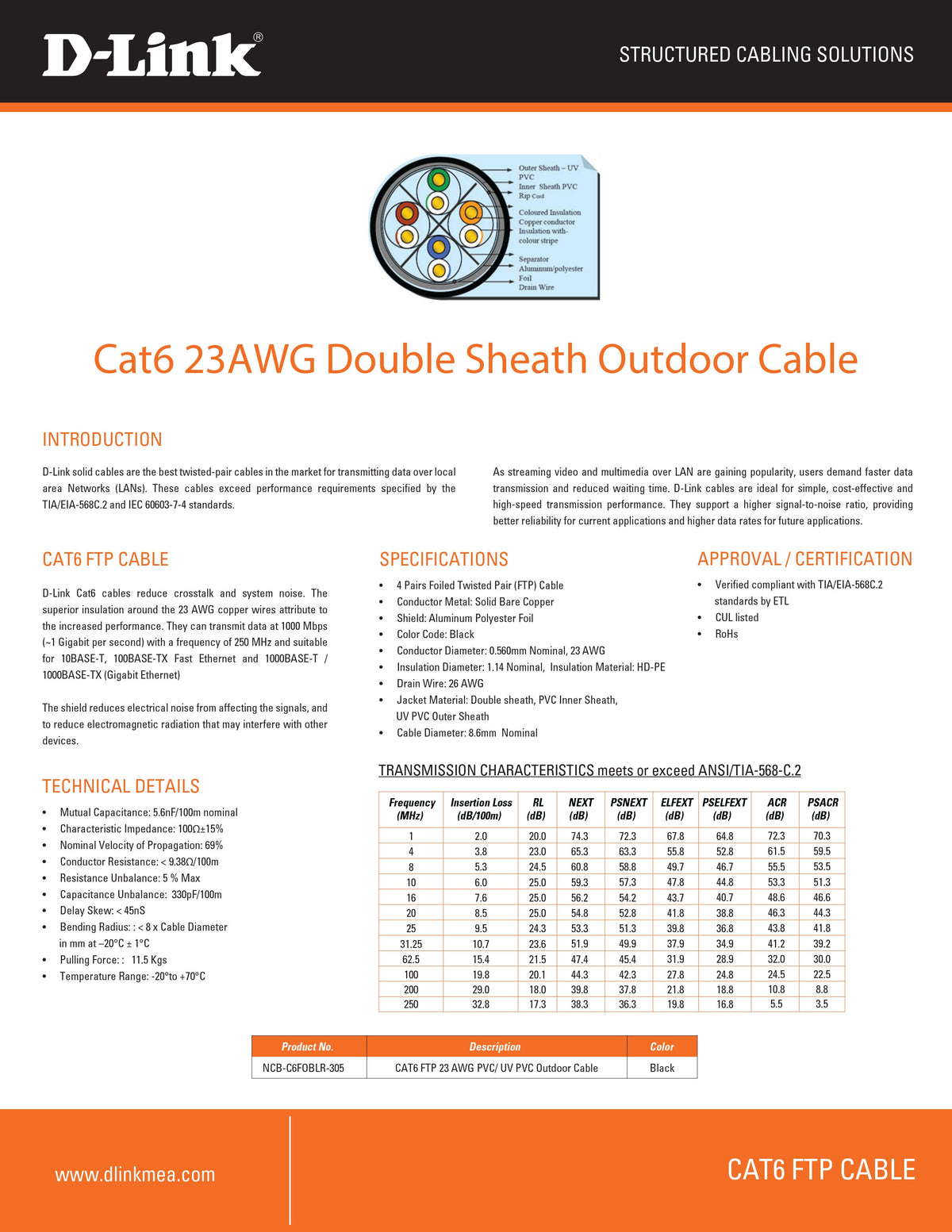 D-Link NCB-C6FOBLR-305 Cat6 FTP 23AWG solid bare copper 305M outdoor network cable with double UV jacket in Jordan Amman and Irbid