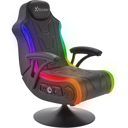 X-Rocker Monsoon RGB 4.1 Audio Pedestal Gaming Chair, 4.1 Surround Sound Light Up Gaming Seat w/ 30 Neo Motion RGB Settings, Bluetooth Wireless Speakers, Subwoofer and Vibration, Padded Armrests Faux Leather - BLACK