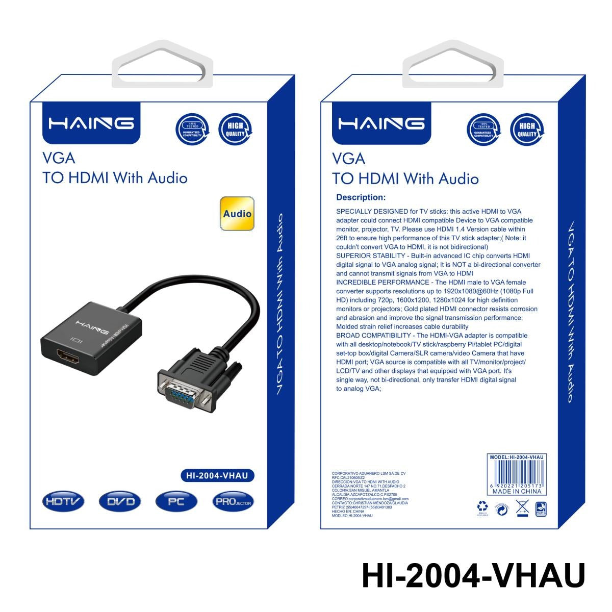 HAING HI-2004-VHAU VGA to HDMI with audio adapter 1080P USB powered from Al-Samman Computer in Amman and Irbid Jordan