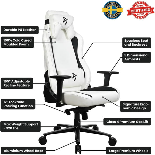 Arozzi Vernazza Soft PU Leather Ergonomic Office and Gaming Chair with High Backrest Recliner Swivel Tilt Rocker Adjustable Height and Adjustable Lumbar and Neck Support White