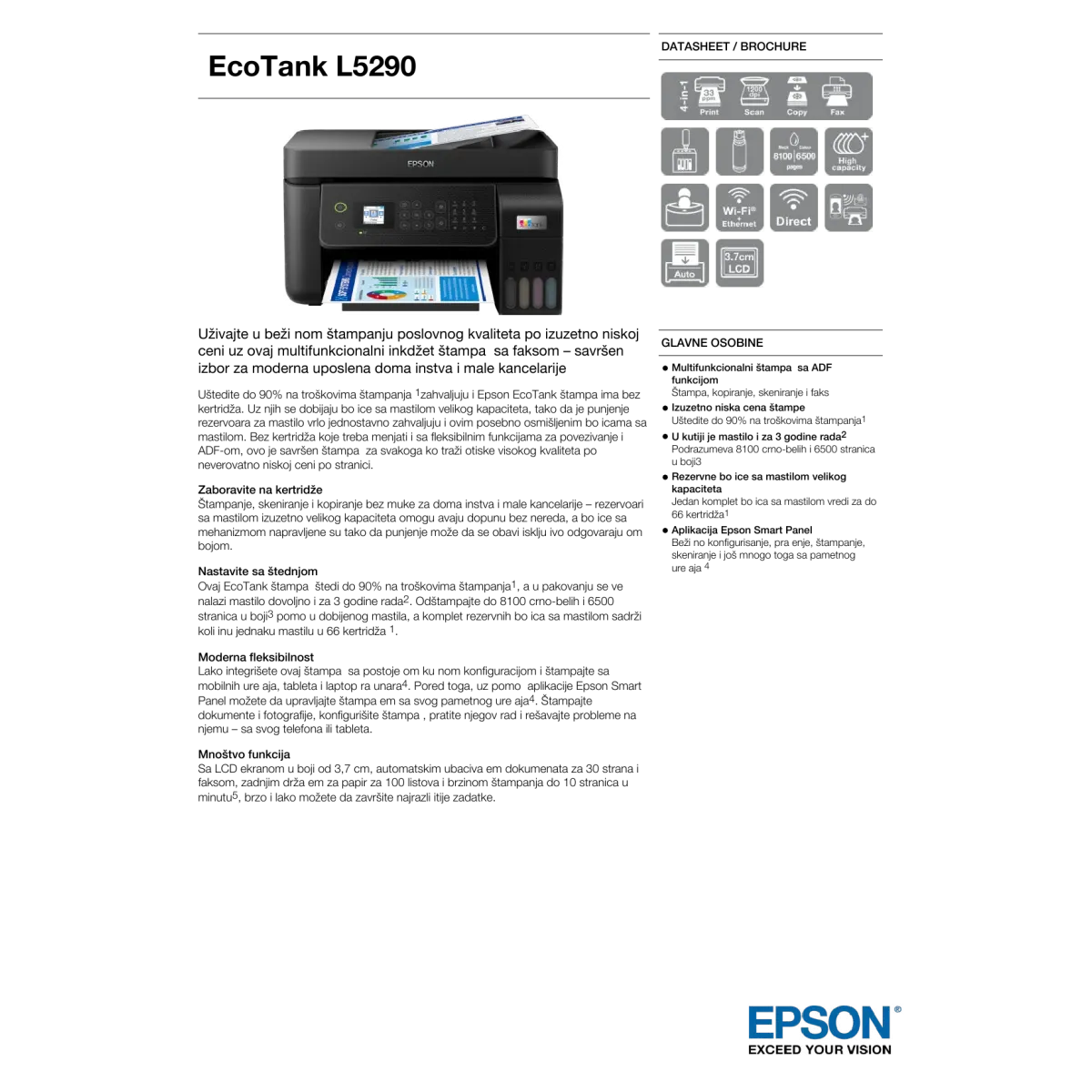 Epson EcoTank L5290 4-in-1 Colour Ink Tank Printer – Print, Scan, Copy, Fax, ADF, Wi-Fi, Wi-Fi Direct, Colour LCD, 5760 × 1440 DPI, Black.