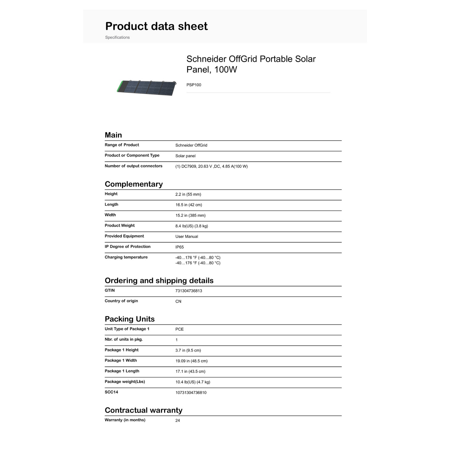 Schneider OffGrid Portable Solar Panel 100W product data sheet