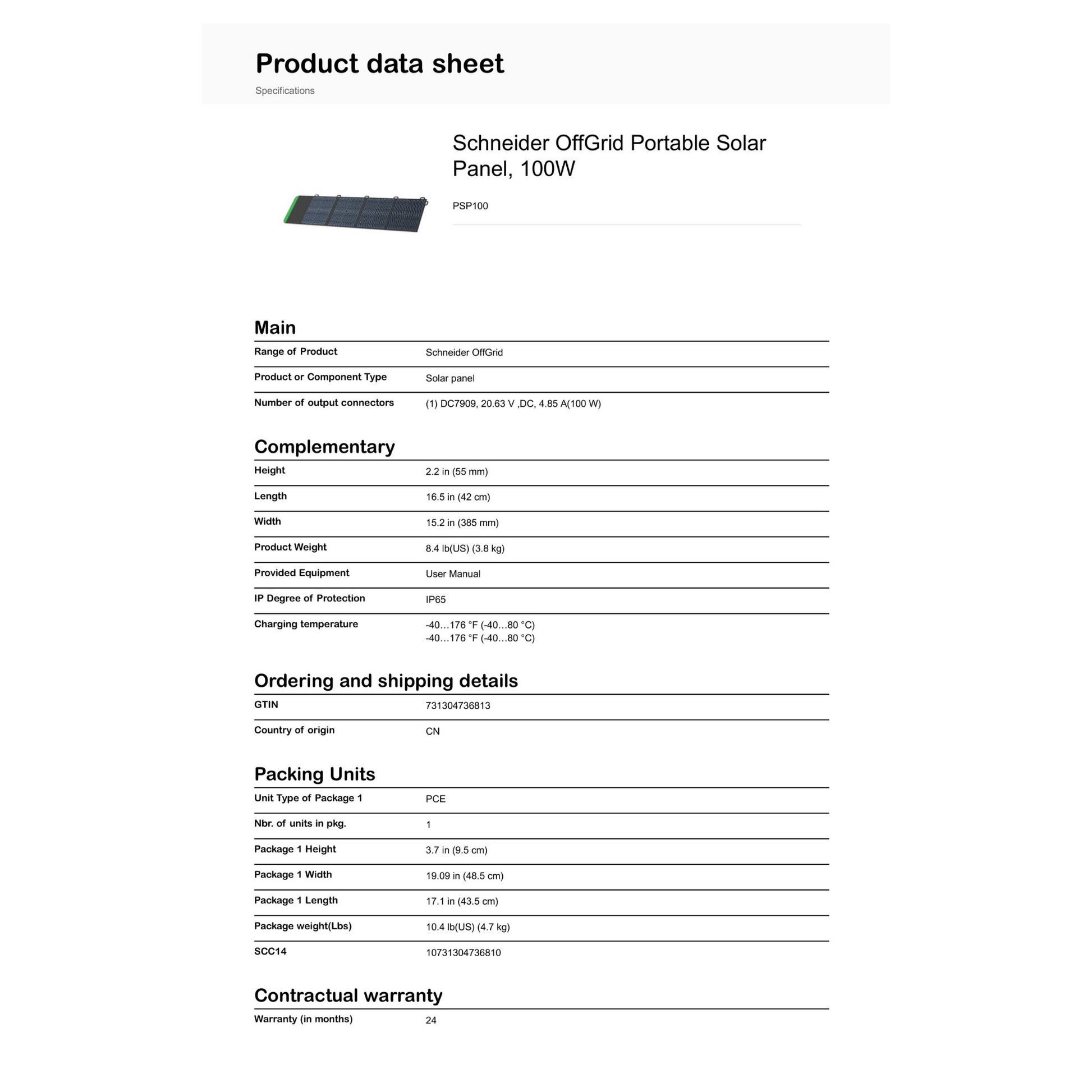 Schneider OffGrid Portable Solar Panel 100W product data sheet