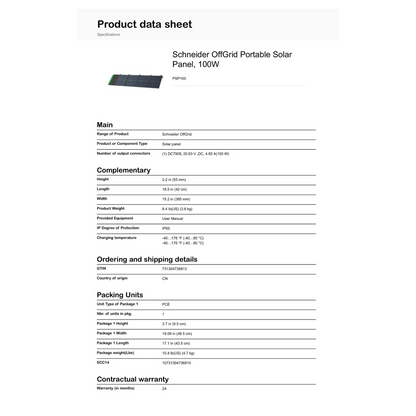 Schneider OffGrid Portable Solar Panel 100W product data sheet