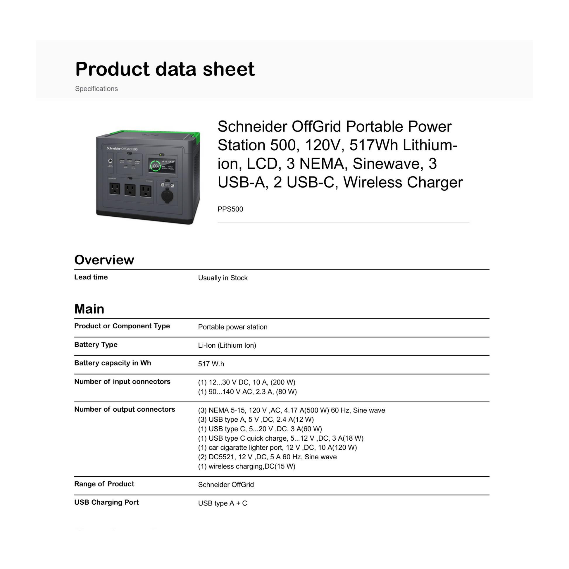 Schneider OffGrid Portable Power Station 500 product data sheet