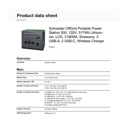 Schneider OffGrid Portable Power Station 500 product data sheet