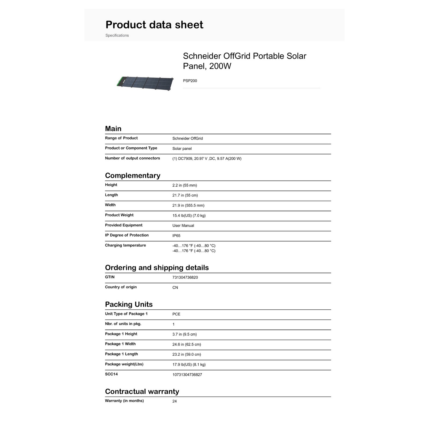 Schneider OffGrid Portable Solar Panel 200W product data sheet