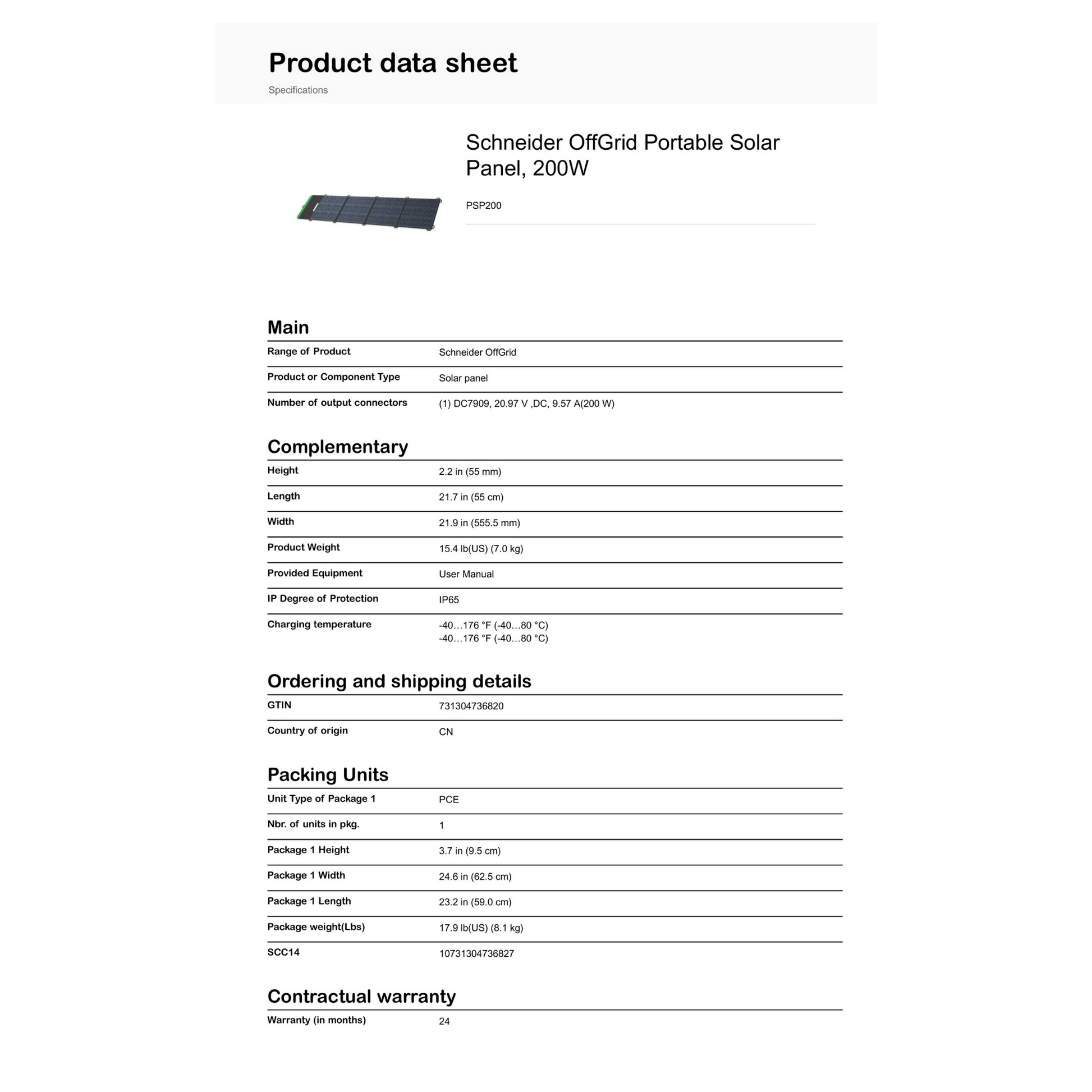 Schneider OffGrid Portable Solar Panel 200W product data sheet