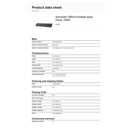Schneider OffGrid Portable Solar Panel 200W product data sheet