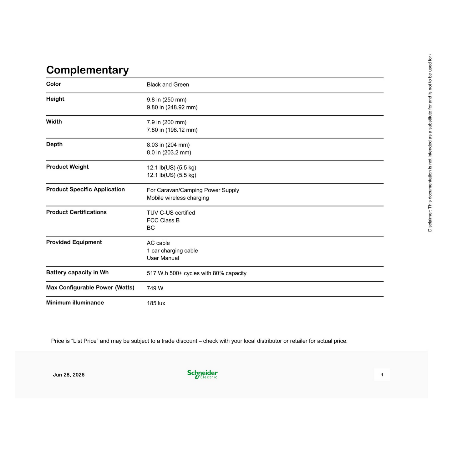 Schneider OffGrid Portable Power Station 500 product data sheet