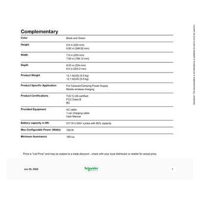 Schneider OffGrid Portable Power Station 500 product data sheet