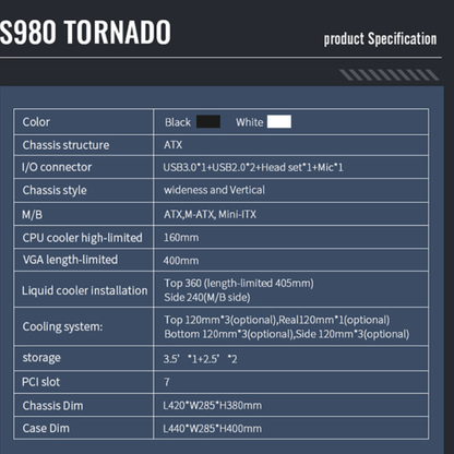 كيس ألعاب Huntkey S980 Tornado Full View فارغ - أسود