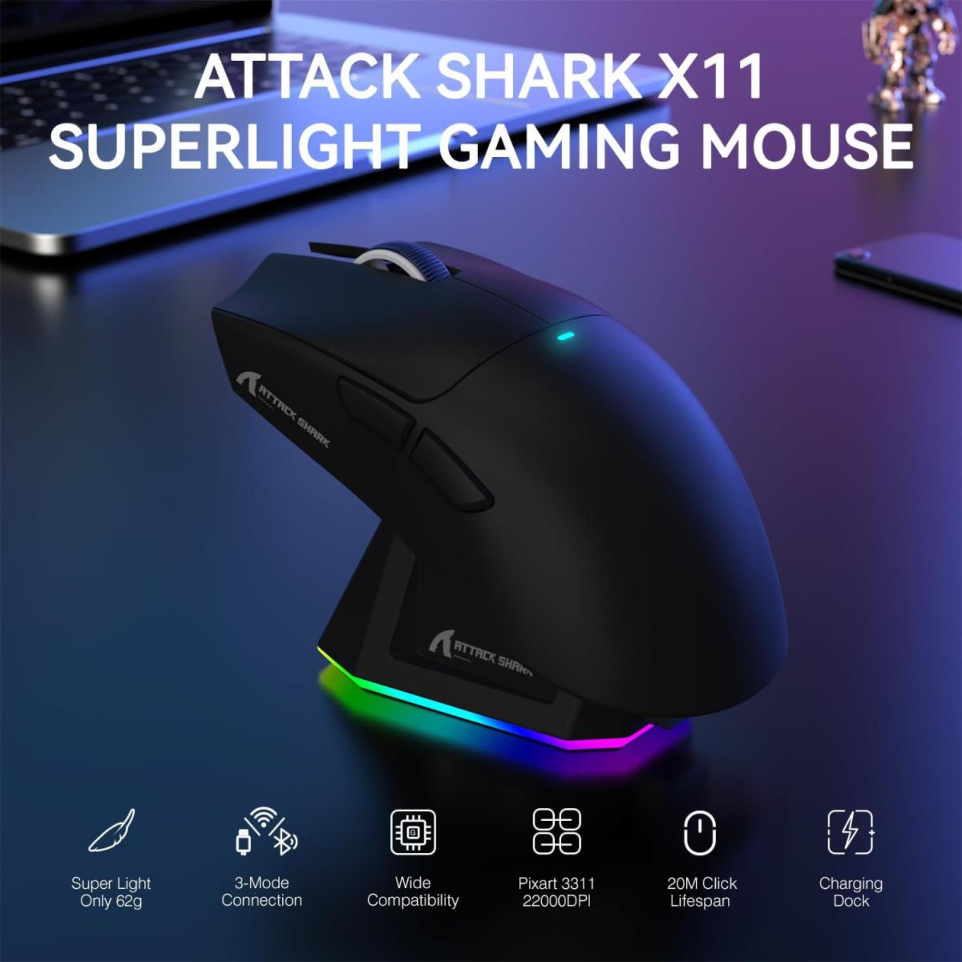 ATTACK SHARK X11 black wireless gaming mouse with RGB charging dock in Jordan