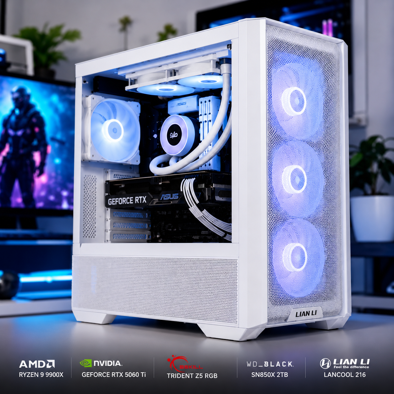 جهاز كمبيوتر للألعاب بمعالج Ryzen 9 9900X وبطاقة رسومات RTX 5060 Ti وذاكرة 32 جيجابايت وقرص صلب 2 تيرابايت