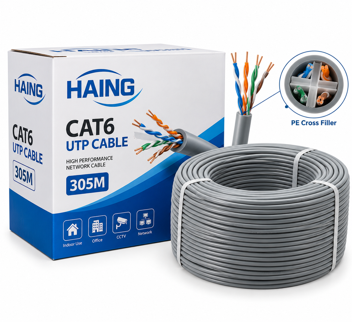بكرة كابل HAING CB-CAT6-305M من نوع Cat6 UTP بطول 305 أمتار