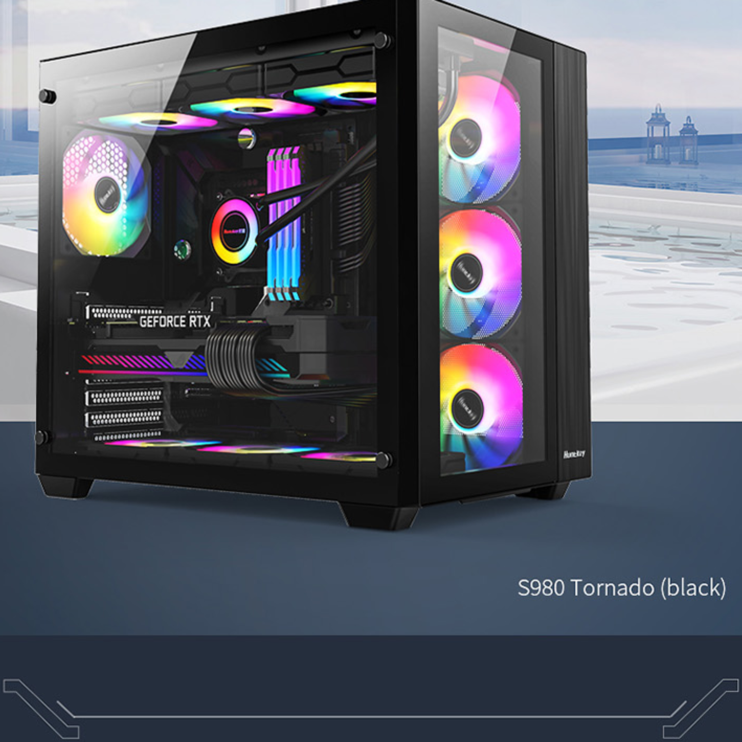 كيس ألعاب Huntkey S980 Tornado Full View فارغ - أسود