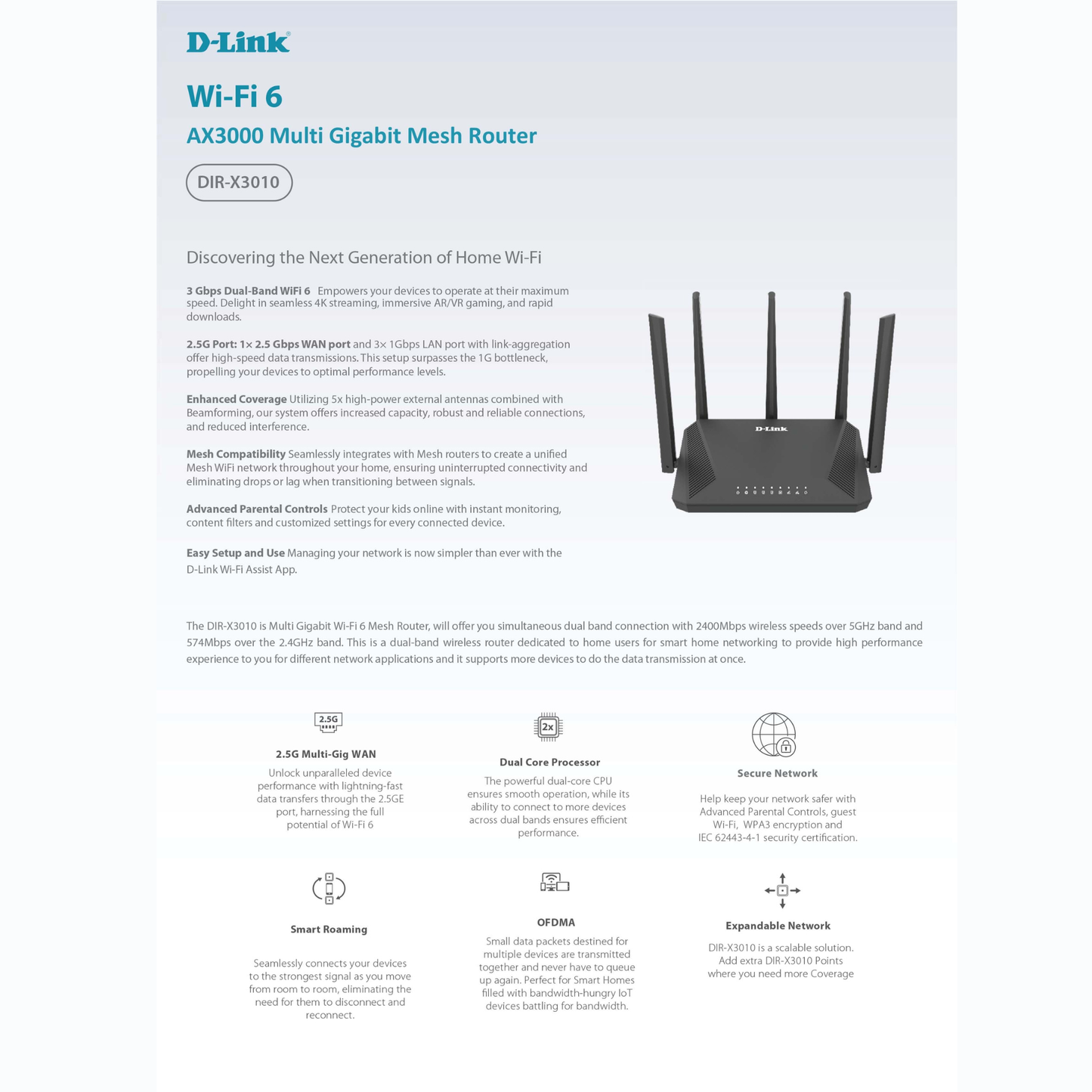 AX3000 Wi-Fi 6 Multi-Gigabit Mesh Router delivers up to 3Gbps wireless speeds, a 2.5Gbps WAN port and reliable mesh coverage for homes in Jordan and Amman.