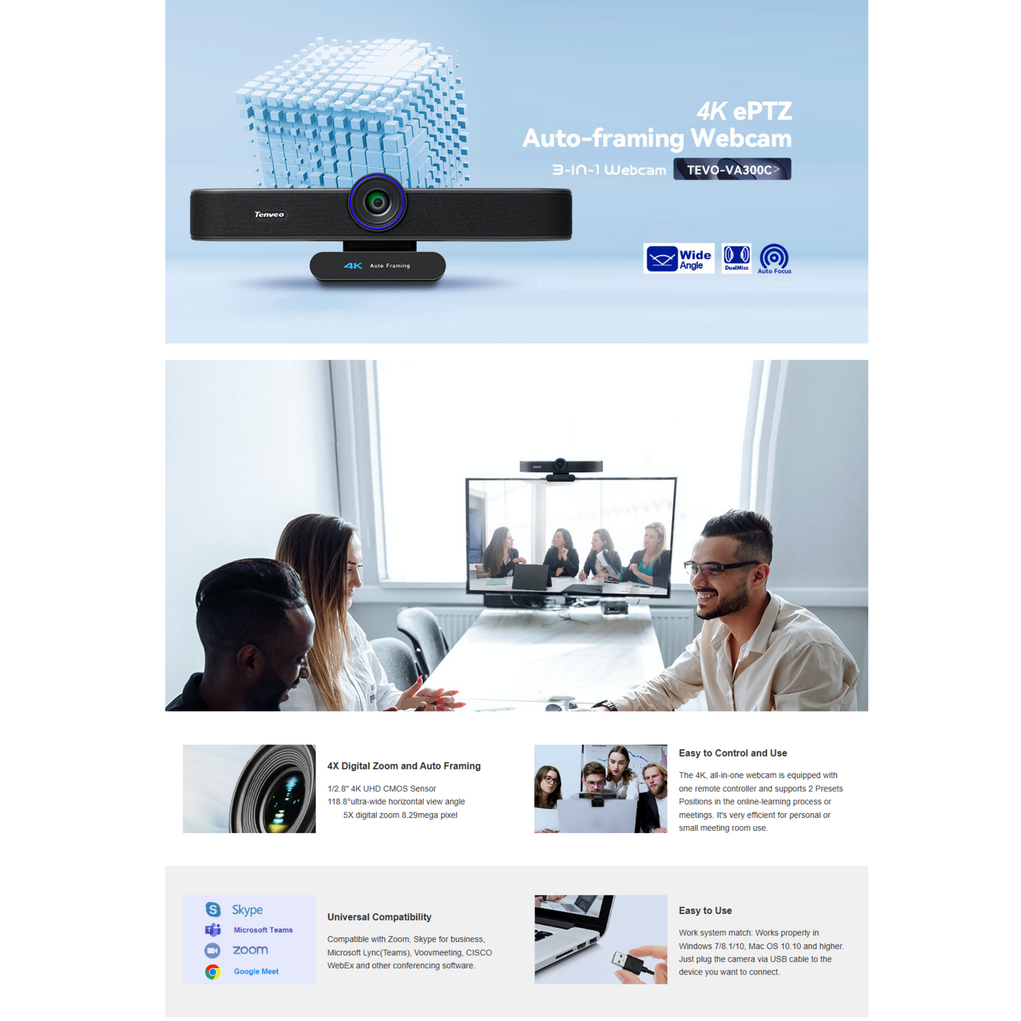 Tenveo VA300C 4K Conference Webcam