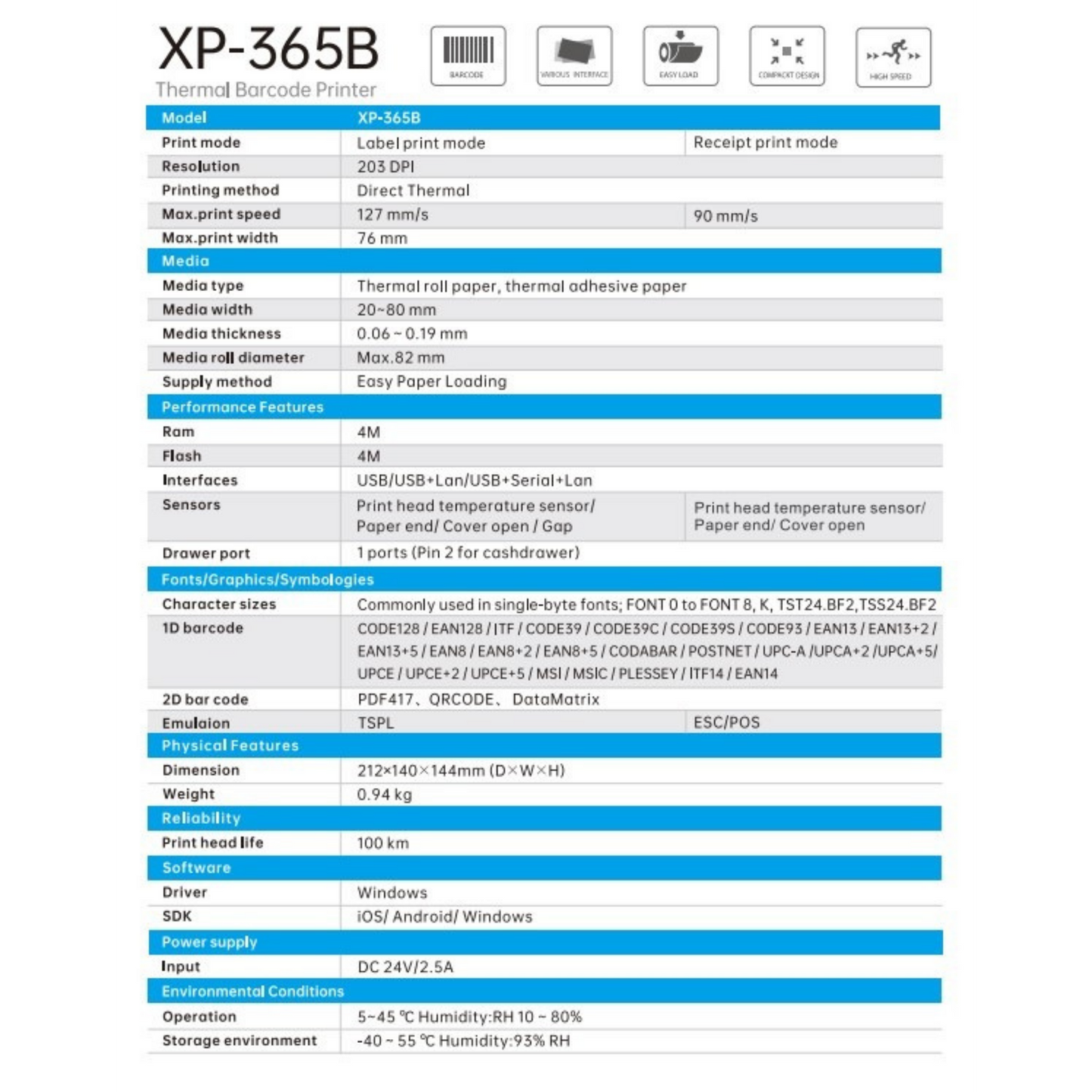 Thermal Label Printer 203 DPI 127mm/s | XP-365B