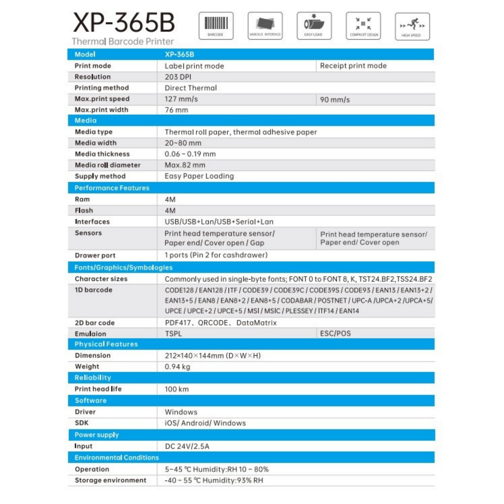 Thermal Label Printer 203 DPI 127mm/s | XP-365B