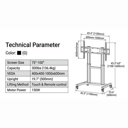 NB North Bayou T70 75"-100" Motorized Height Adjustable Large Display Mobile TV Bracket Trolley
