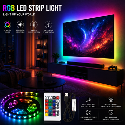 USB RGB LED Strip Light 3M with 24-Key Remote Control