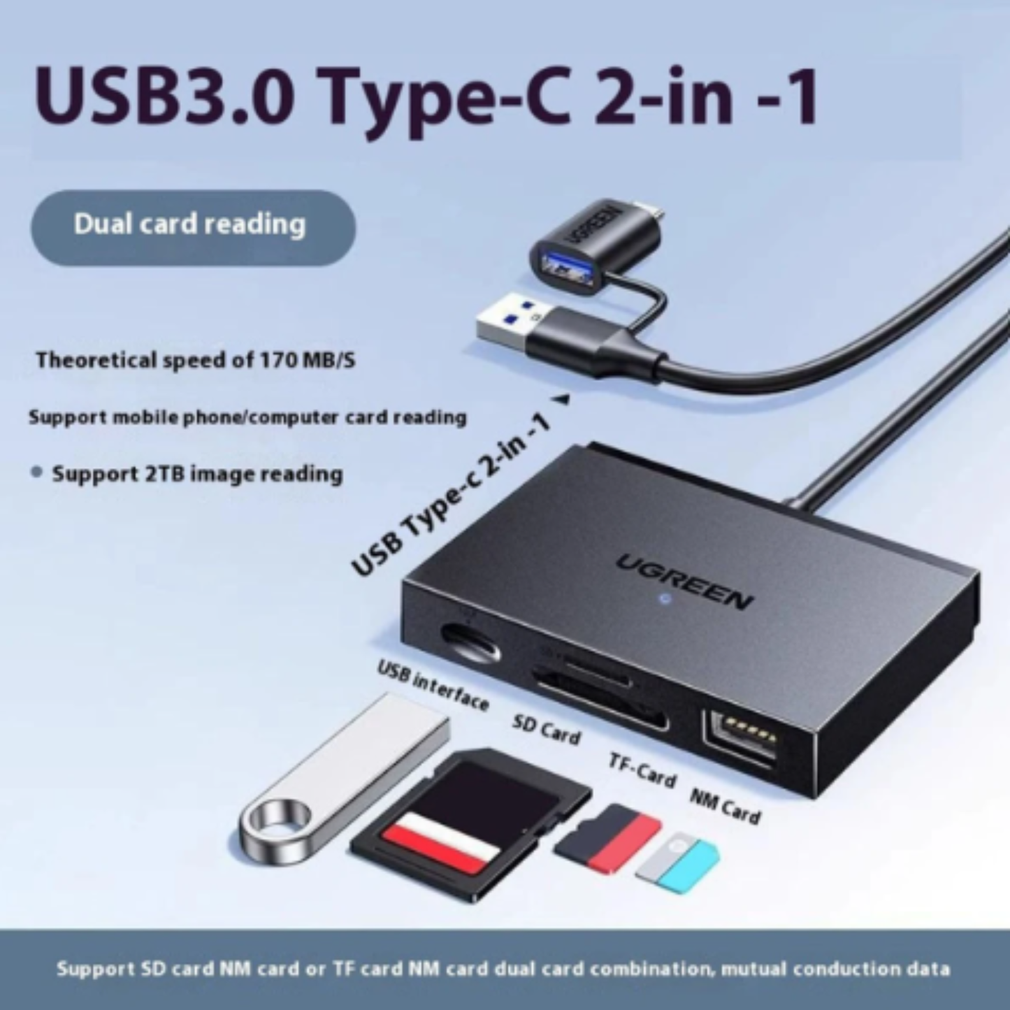 قارئ كروت USB-C و USB 2 في 1 SD TF