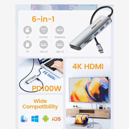محول USB-C HUB 6 في 1 HDMI 4K PD