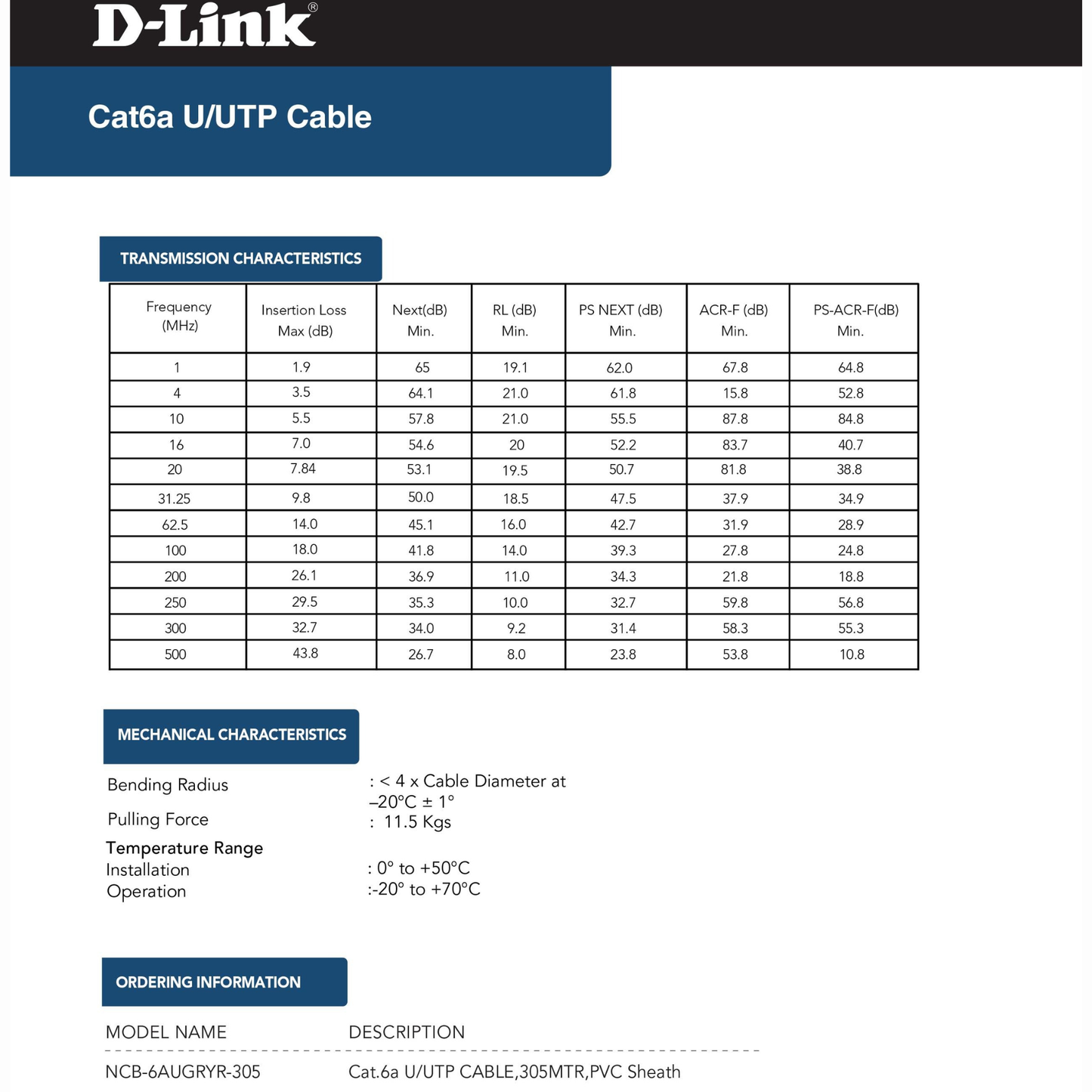 كابل دي-لينك NCB-6AUGRYR-305 Cat6A 10G UTP 23AWG PVC صلب - 305 متر/لفة