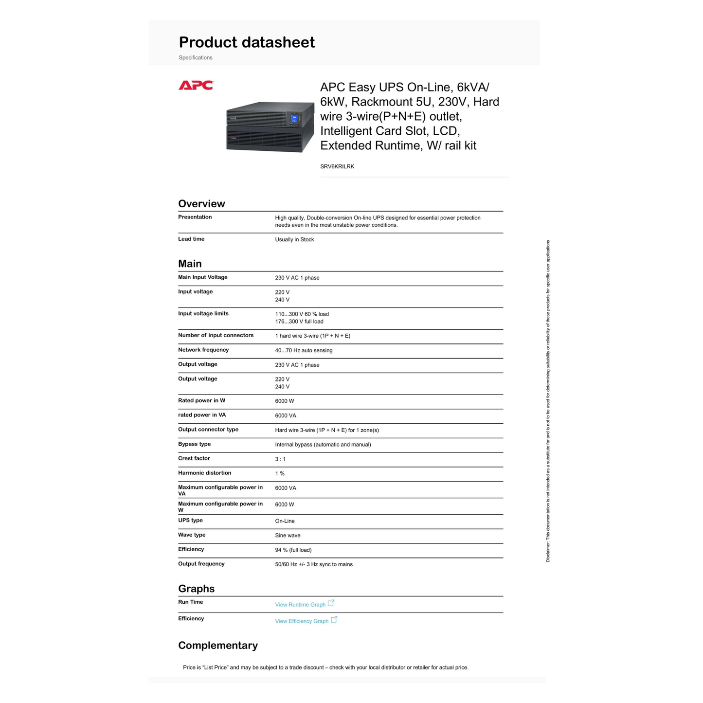 APC SRV6KRILRK Easy UPS On-Line 6kVA/6kW Rackmount 5U 230V