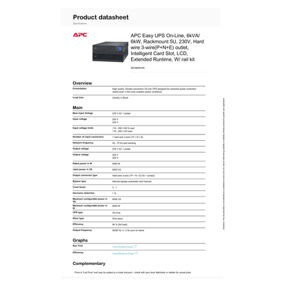 APC SRV6KRILRK Easy UPS On-Line 6kVA/6kW Rackmount 5U 230V