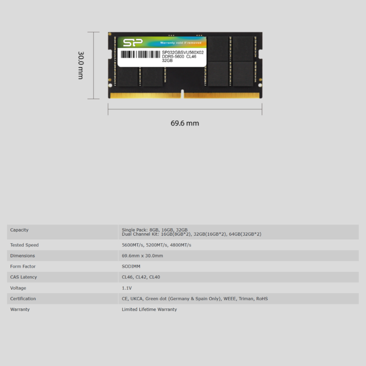 ذاكرة Silicon Power DDR5 5600MHz سعة 16 جيجابايت بجهد 1.1 فولت لأجهزة الكمبيوتر المحمولة، غير مخزنة مؤقتًا، من نوع SODIMM