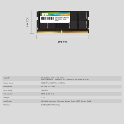 ذاكرة Silicon Power DDR5 5600MHz سعة 16 جيجابايت بجهد 1.1 فولت لأجهزة الكمبيوتر المحمولة، غير مخزنة مؤقتًا، من نوع SODIMM