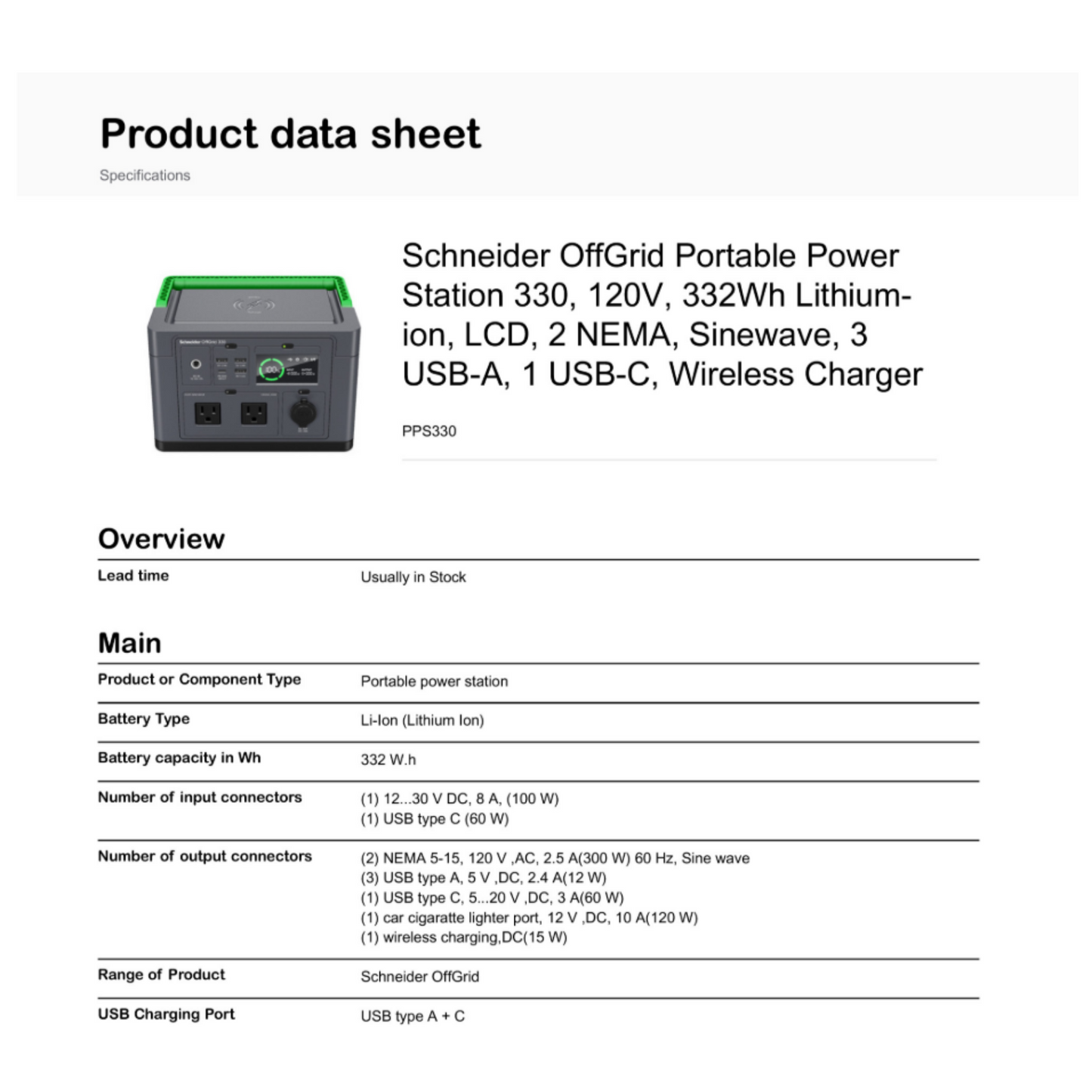 Schneider OffGrid Portable Power Station 330 technical specifications