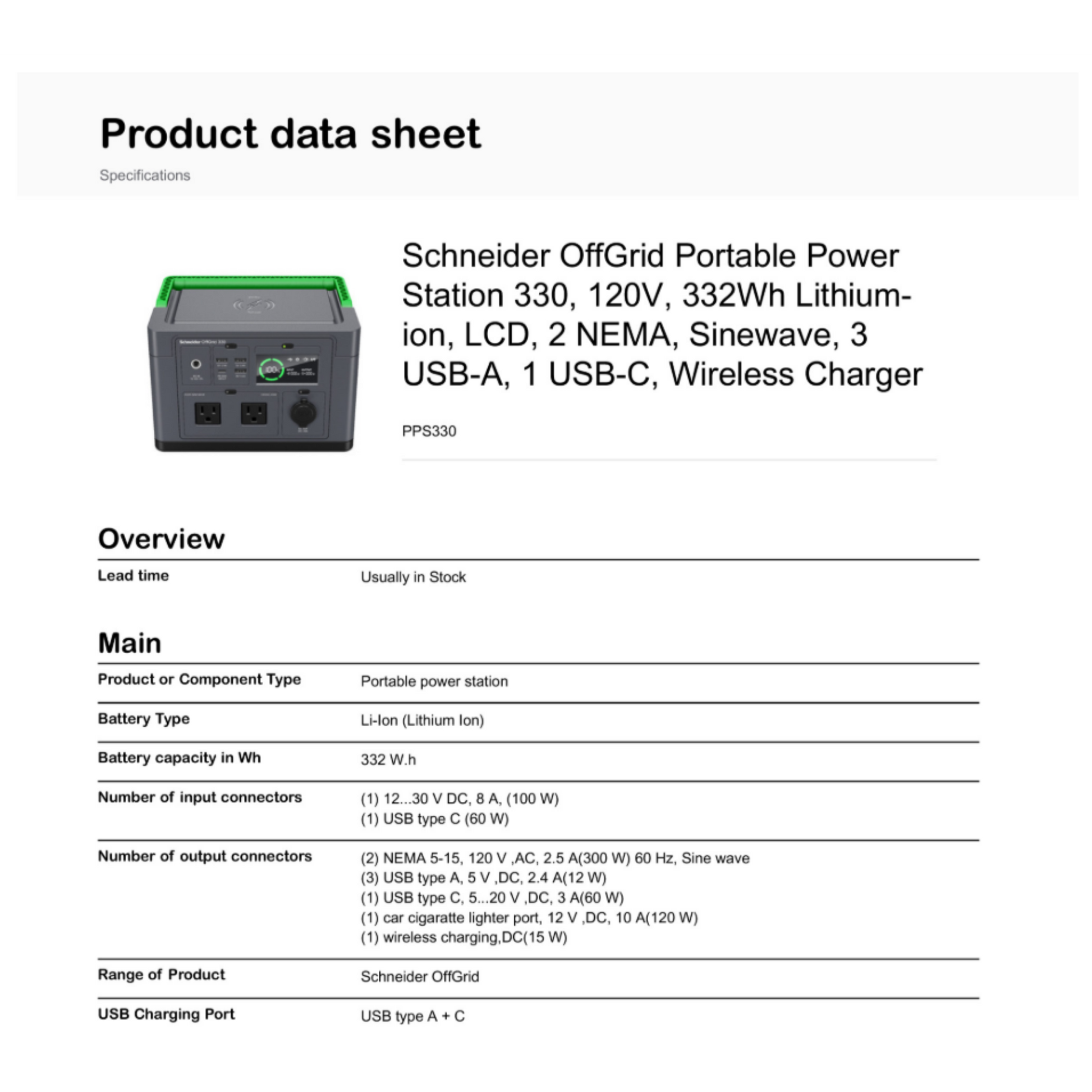 Schneider OffGrid Portable Power Station 330 technical specifications