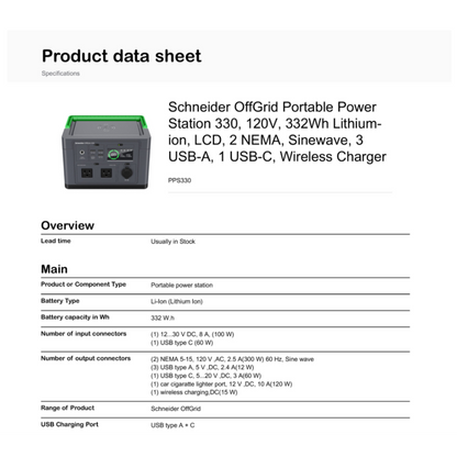 Schneider OffGrid Portable Power Station 330 technical specifications
