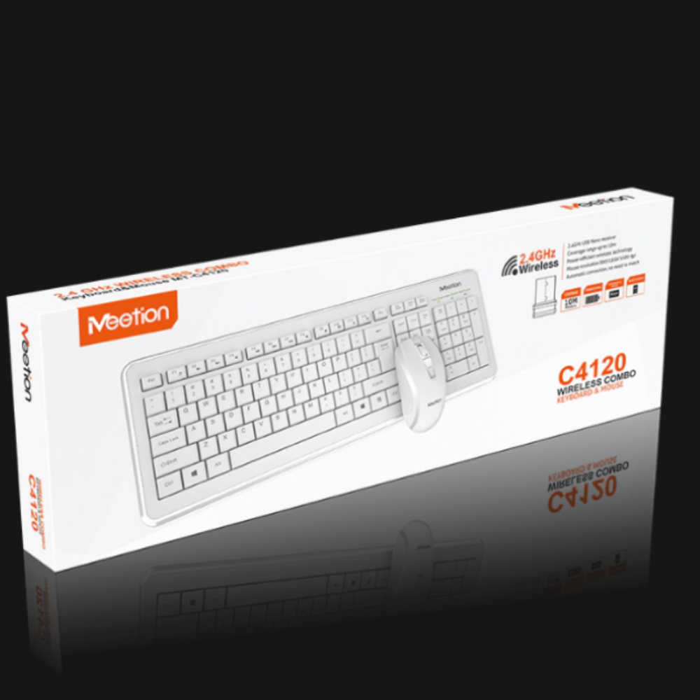MeeTion MT-C4120 white wireless keyboard and mouse combo kit with full-size keyboard, 2.4GHz wireless connectivity up to 10 meters, portable optical mouse, adjustable 800 1200 1600 DPI and power-efficient technology at SAMMANPC AlSamman For Computer in Amman, Irbid, Jordan