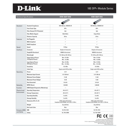 جهاز إرسال واستقبال D-Link DEM-431XT-DD 10GBase-SR SFP+ DDM 80/300 متر