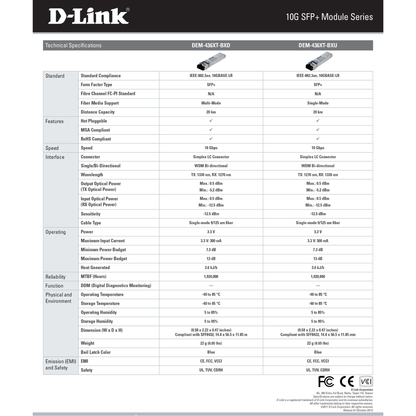 جهاز إرسال واستقبال D-Link DEM-432XT-DD 10GBASE-LR SFP+ (مع DDM)