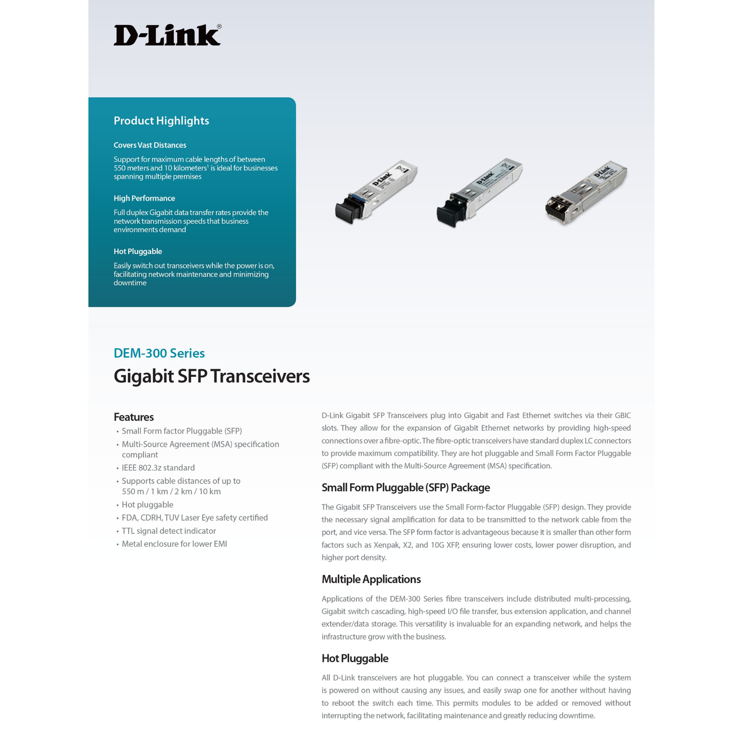 جهاز إرسال واستقبال الألياف الضوئية D-Link DEM-310GT أحادي المنفذ SFP LX SM - يصل مداه إلى 10 كيلومترات