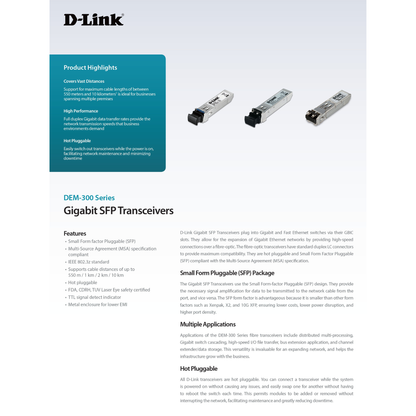 جهاز إرسال واستقبال الألياف الضوئية D-Link DEM-310GT أحادي المنفذ SFP LX SM - يصل مداه إلى 10 كيلومترات