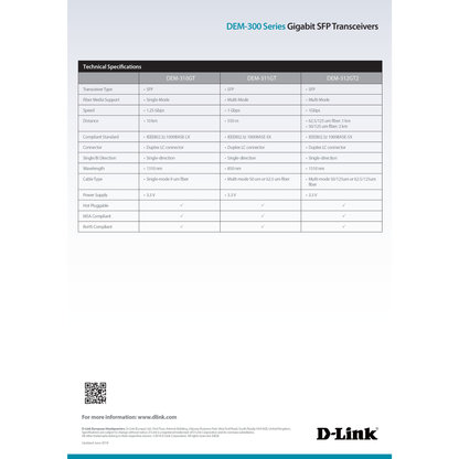 جهاز إرسال واستقبال الألياف الضوئية D-Link DEM-310GT أحادي المنفذ SFP LX SM - يصل مداه إلى 10 كيلومترات