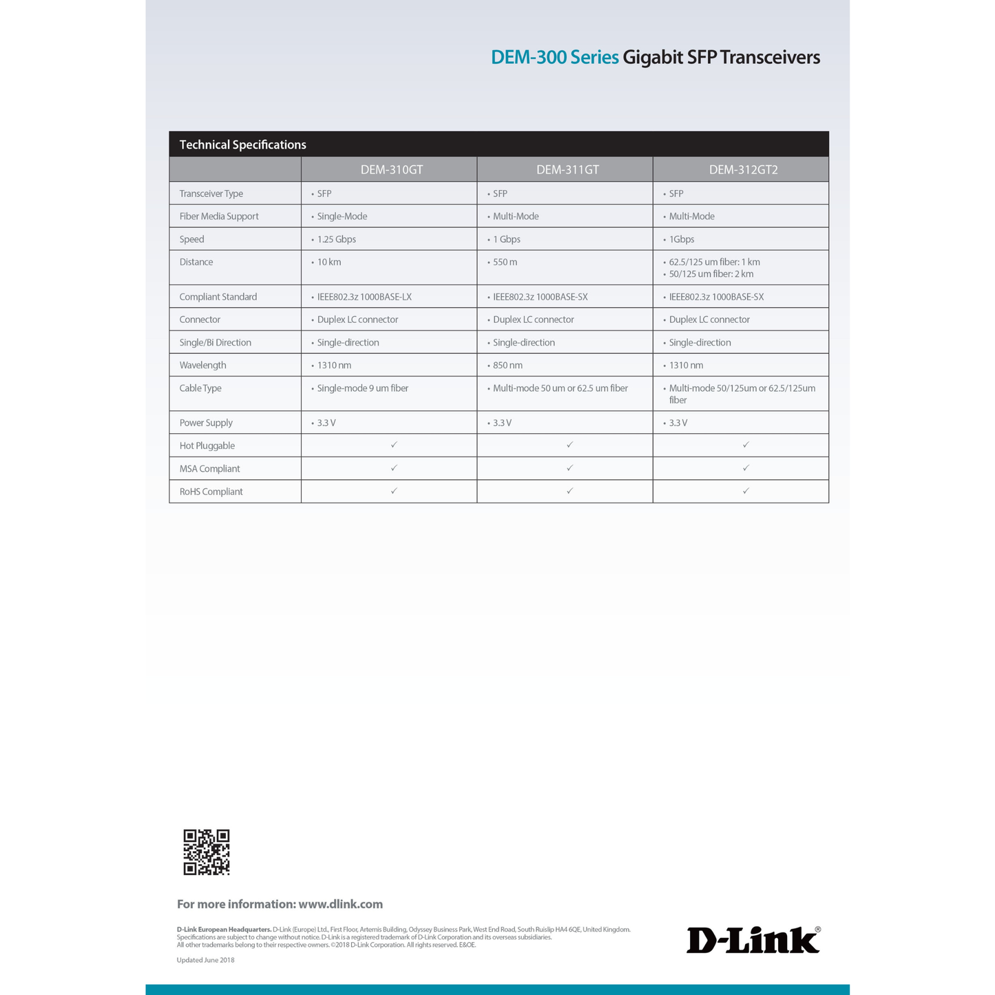 جهاز إرسال واستقبال الألياف الضوئية D-Link DEM-311GT أحادي المنفذ SFP SX MM - يصل مداه إلى 550 مترًا